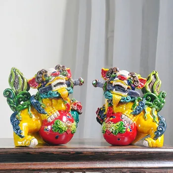 2Pcs/set Kitajski Stil Barve Pogumnih Vojakov Umetnosti Kiparstvo Keramika Srečni Lev Figurice Kip Feng Shui Doma Dekoracijo R4188