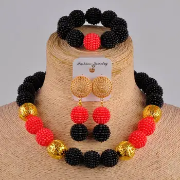 črno rdeča afriški nakit set simulirani biserne kroglice nigerija poročna ogrlica, uhani nastavite nakit za ženske FZZ09