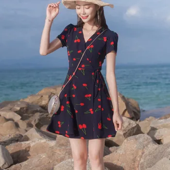 Boho Žensk Plaži Sundress Elegantno Cvetlični Obleka za Poletne Počitnice V-neck Mini Obleka Visoko Pasu Čipke-up Obleke