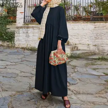 Retro Ženske Dolgo Puff Rokav Abaya Turčija Hidžab Muslimansko Obleko ZANZEA Priložnostne Trda Islamska Oblačila Dubaj Sundress Robe Oblačenja 5XL