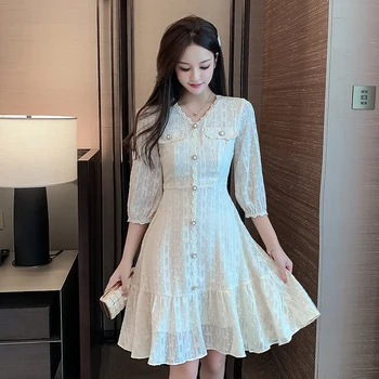 COIGARSAM Ženske enodelno obleko korejski Pomlad Obleke Bele 9001