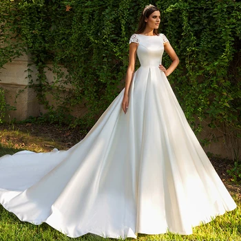 Nov Vnos Kratek Rokav Poročne Obleke Beading Appliques Iluzijo Nazaj Francija Saten Poroka Oblek Vestidos De Boda