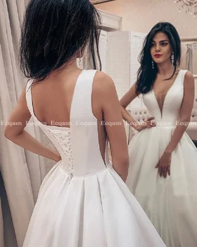 Preprost Proti-vrat Poročne Obleke Dolžina Tal brez Rokavov A-Line Poročne obleke Zamah Vlak Elegantno Haljo De Mariee Poceni 2020