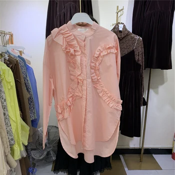 Nomikuma 2021 Pomlad Novo Sladki Vrh Bluzo korejski Ruffle Mozaik Ženske Majica Vzročno Long Sleeve Solid Blusas De Mujer 6D861