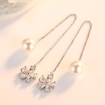 Ženska moda in ženske blagovne znamke srebrni nakit razkošje pearl elegantno dolgo uho skladu tassel Spusti Uhani temperament preprosta ženska ušesa line