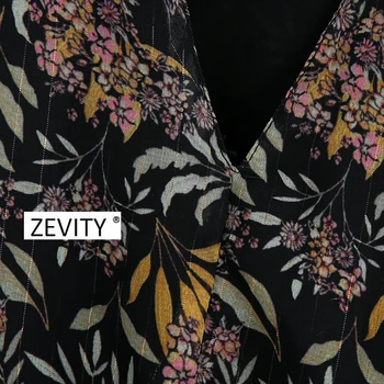 Zevity Ženske letnik v vratu cvet tiskanja golden line kratek delavska bluzo rokavi ženske elegantna robom lok vezani priložnostne chffion vrhovi LS6972