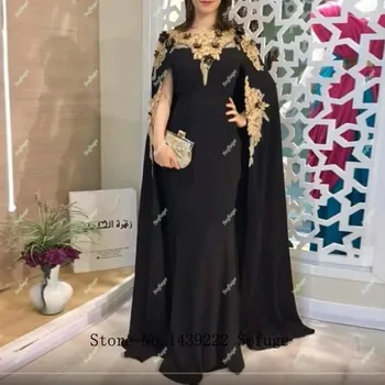 Črna Saten Maroški tam kaftan Večerne Obleke 3D FlowersLace Appliques Ženske arabski Muslimani Posebne Priložnosti Formalno Stranko