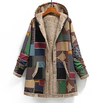 Zimske ženske jakna Toplo Outwear Tiskanja Hooded Z Žepi Letnik Debel Toplo Coats Jopico Gumb Ženska Jakna plus velikost#40