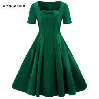 Kratek Rokav Modro Zeleno Vintage Swing Obleko Božič Ženske Suh Urad za Delo Stranke Jeseni 50s 1950 60-ih letih Rockabilly Jurken