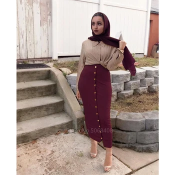 Moda Muslimanskih Elegantno Krilo Islamske Dubaj Turški Trdna Pol Obleka Ženske Višina Pasu Gumbi Stranka Dolgo Maxi Islamska Oblačila