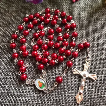 Ping 6 mm steklene kroglice verske venec ogrlico, temno rdeče katoliški rožni venec z zlitine križ in centerpiece