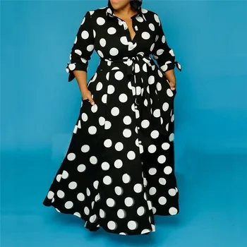 Ženske obleke Plus Velikost XL-5XL Elegantno Obleko Maxi Polka Dot Natisnjeni Urad Dama Obleke Gumb Letenje Vestidos Debelo Dropshpping