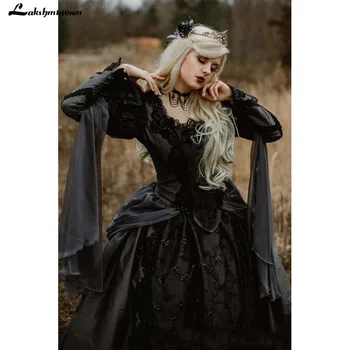 Žogo Obleke Srednjeveške Gotike Poroka Obleke, Silver in Black Renaissance Fantasy Viktorijanski Vampirji Dolg Rokav Poročne Obleke