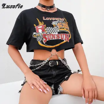 Lusofie Koreaanse Punk Korte T-shirt Vrouwen Zwart Harajuku Katoenen T-shirt Dames Gedrukt Vrh Izpolnjeni Kettingen Ulične Zomer