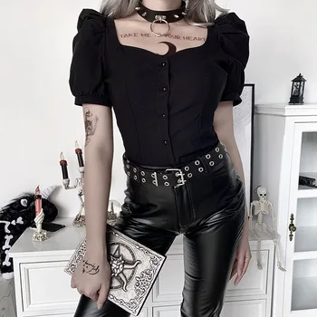 Rosetic Gothic Rokavi Ženske Črno Bluzo Kratek Rokav Retro Bluze Gumb Slim Elegantna Poletje Vrhovi Dekle 2020 Modno Oblikovanje Majice