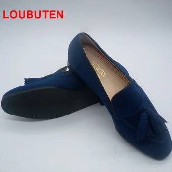 LOUBUTEN Nov Modni Dark Blue Suede Loafers Moških Zdrsne Na Obleko Čevlje Tassel Loafer Čevlji US6-13 Plus Velikost Priložnostne Čevlji Za Moške