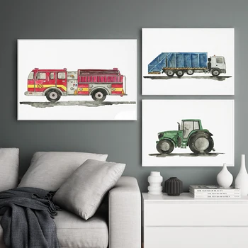 Gradbena Vozila Akvarel Fantje Wall Art Platno Barvanje Slike Smetišče Tovornjak Kopač Plakatov In Fotografij Otroci Soba Dekor