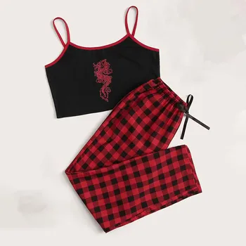 2021 Pižame Ženske Modni Anime Natisnjeni Spanja Vrhovi Kariran Hlače Sleepwear Perilo Babydoll Seksi spodnje Perilo Camis Hlače, Bombaž p