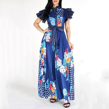 Vintage Ženske Poletje Shirt Obleko Cvjetnim Tiskanja Modro Rumeno Visoko Pasu Čipke Maxi Pisarna Ženske Obleke Afriški Stil Dolgo Obleko