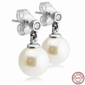 Materinski Dan Darilo Priljubljena 925 Sterling Silver White Pearl & Clear CZ Svetlobna Eleganco Stud Uhani za Ženske, Nakit FLE061