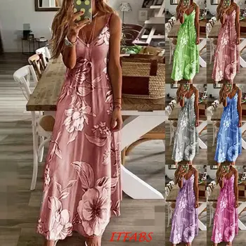 Nove Ženske obleke Povodcem Vratu Boho Obleko Cvetlični brez Rokavov Dolgo Plažo Sundress Plus Size /S