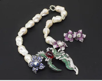Sladkovodne pearl white prerojeni keshi spusti baročno ogrlica, uhani +cirkon roža obesek 48 cm