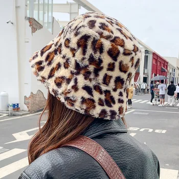 COKK Leopard Bucket Pokrivalo Ženske Jeseni, Pozimi Ravno Vrh Ušesa Toplo korejski Moda Priložnostne Ribič Skp Specializiranimi za umetno Krzno na Prostem