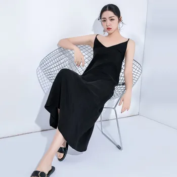 2020 črno poletje ženske obleke visoke kakovosti BAKRO rajon trakov Obleko s v-neck dolgo, da gleženj seksi normcore