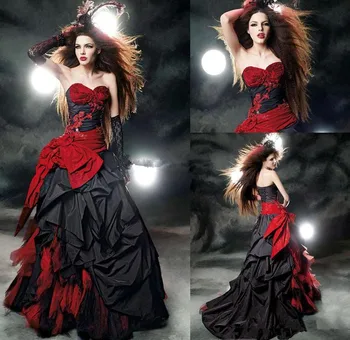 Vintage Črno In Rdeče, Gothic Poročne Obleke Skromno Ljubica Ruffles Saten Čipke Nazaj Korzet Vrh Žogo Obleke Poročne Obleke