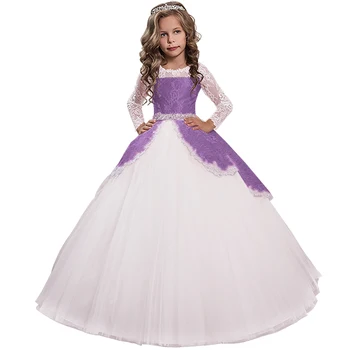 Nova Princesa Čipke Roža Punca Obleke Z Dolgimi Rokavi Dolžina Tal Pageant Obleke Prvo Obhajilo Obleke Žogo Halje Za Dekle