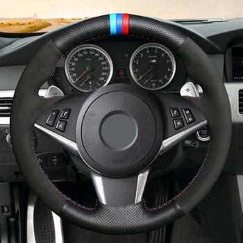 Črna Pravega Usnja, Ročno sešijejo Avto Volan Kritje za BMW E60 E61 (Touring) 530d E63 2003-2010 E64 2004-2010