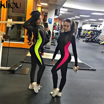 Kliou Fluorescentne barve mozaik ženski push up fitnes jumpsuits 2018 jeseni, pozimi ženske poln rokav zadrgo turtneck jumpsuit