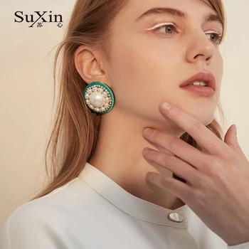 SuXin uhani 2020 novo preprost retro zeleni krog uhani za ženske dolg odsek umetne biser obesek, uhani nakit darilo