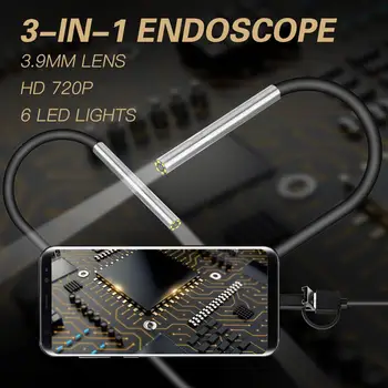 3 v 1 3.9 mm Endoskop Majhen Objektiv Mini Tip c Android Endoskop Micro USB Prilagodljiv Tip-C Nepremočljiva Pregled PC Borescope