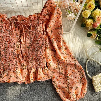 Vintage Slim čipke seksi off ramenski pomlad kratek T-Shirt cvjetnim tiskanja Ženske Vrh Tee jeseni ruffles Majica z dolgimi rokavi tshirt