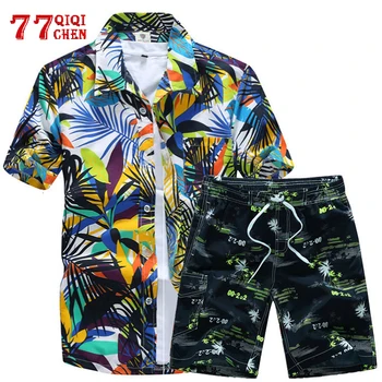 Mens Havajske Srajce Nastaviti Poletni Cvetlični Srajce Moške +Print Plaža Hlače, Kratek Rokav Trenirko 2020 Modni 2 kos Določa Moški