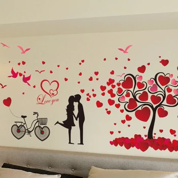 [shijuekongjian] Ljubezni Drevo Stenske Nalepke DIY Risanka Pari Rdeče Vrtnice, Stene Decals je za Spalnice Hiše Poroko Soba Dekoracijo