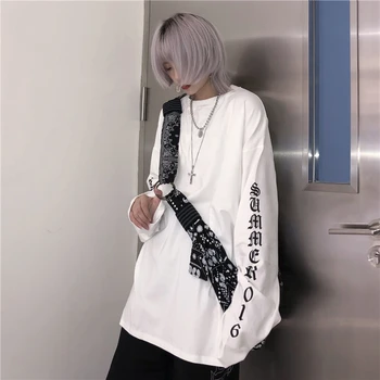 Harajuku Goth Črke Natisni Vrh Punk korejski Stilov Kawaii Dolgimi Rokavi Ženske T-Shirt Dropshipping Y2K Plus Velikost Črna Oblačila Kpop