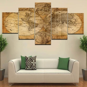 Retro zemljevid kartico oblikovanje Sodobne Platno Wall Art 5 Plošči HD Tiskanja Za dom dnevna soba dekoracijo