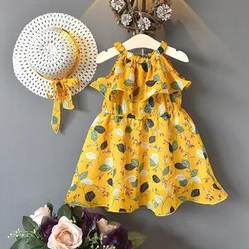 Baby dekleta poletje cvet obleko brez rokavov otroci visi vratu bohemian šifon obleke, oblačila za otroke pošlji klobuk