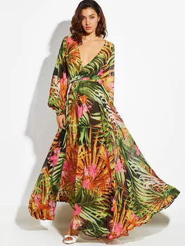 Nove ženske maxi obleko boho Tropski v vratu čipke zelena tiskanja plus velikost obleko poletje obleko plaži priložnostne počitnice dolgo obleko