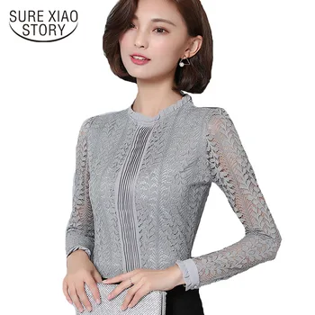 Moda za ženske bluze 2021 dolg rokav votlih čipke bluzo majica jeseni čipke vrhovi slim moda urad dama ženske majice C903 30