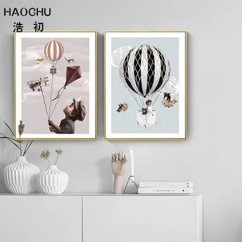 HAOCHU Nordijska Risanka Balonom Art Tisk Plakat, otroška Soba Stenski Dekor Vrtec Zidana Stenske Nalepke Doma Dekor brez okvirja