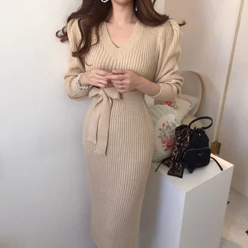 Korejski Ženska, dvodelno Obleko francoske Modne Pletene talarji 2020 Jeseni, Pozimi Nove Ženske Knitt Obleko Midi Ženska Obleka