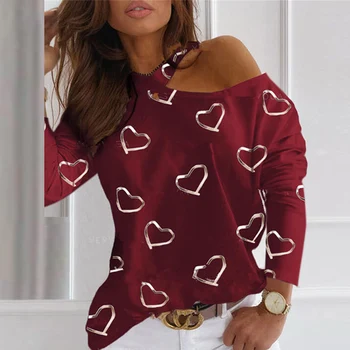 Ženske Seksi Off Ramenski Srce, Ki Tiskanja Bluzo Majica 2020 Jeseni, Pozimi Eleganten Dolg Rokav Vrh Dame Moda Priložnostne Puloverju Blusa
