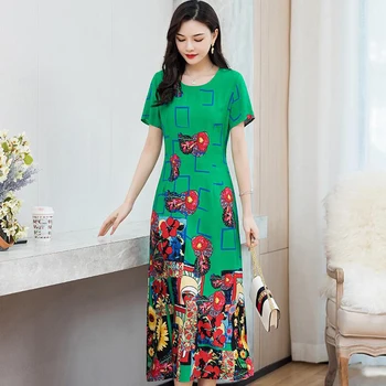 2020 Ženske Poletje Obleko srednjih let Plus Velikost 5XL Priložnostne Cvjetnim Tiskanja Midi Obleko Elegantno Kratkimi Bombaž Mati Obleke