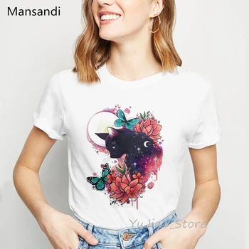 Črna Sphynx mačka metulji, rože jelena majica s kratkimi rokavi ženske poletnih vrh ženskih živali natisniti tee majica femme camiseta mujer t-shirt