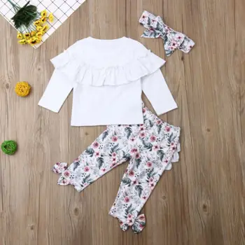 Emmababy 0-5Y Malčke Baby Dekleta Obleke, Kompleti Jesensko Zimske Obleke Bele Ruffle Vrhovi Cvetlični Hlače Glavo 3Pcs Obleke Set