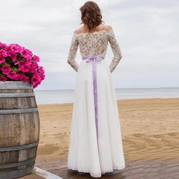 Elegantno Boho Poročne Obleke Letnik Čoln Vratu Dolge Rokave Čipke Šifon Plaži Poročno Obleko 2020 Vestido De Noiva