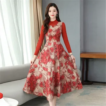 Moda Natisnjeni Obleko 2020 Korejski Zgodaj Spomladi Nove Pasu Pasu Tanke Ovratnik Dolgo Obleko